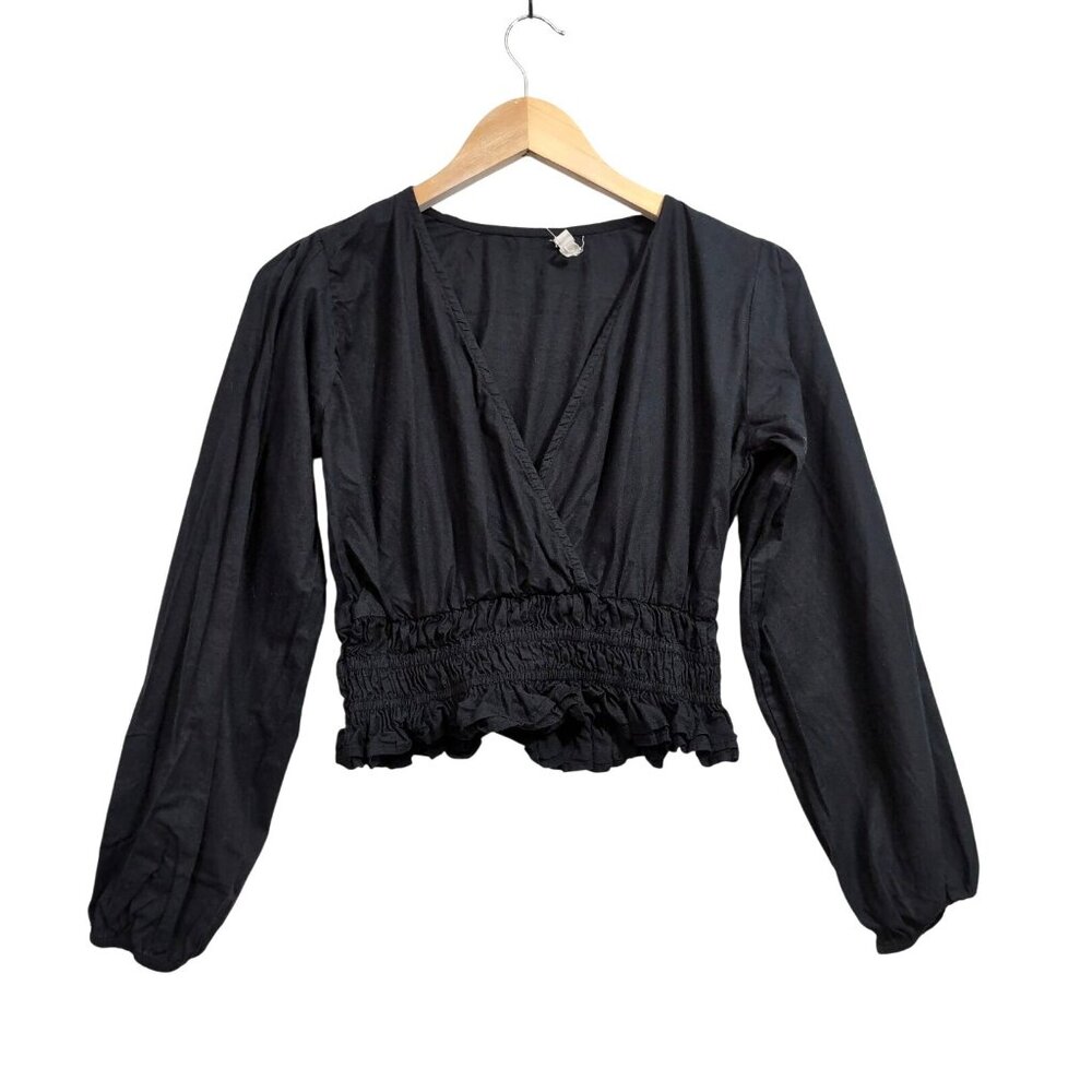 Sim & Sam Cropped Top Blouse Womens S Black V-Neck Long Sleeve‎ Festival Indie